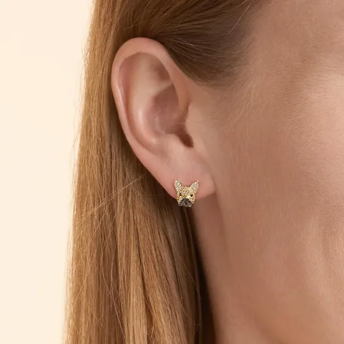 Vista 2 de SCAMPER & CO Aretes tipo botón con circonita cúbica con diseño de cachorro de raza de perro para mujer, aretes de plata de ley con piedras preciosas