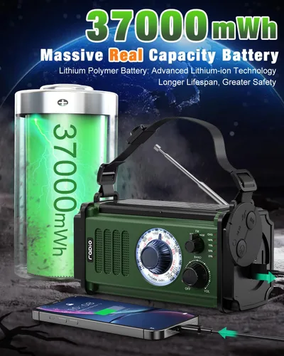 Vista 2 de Radio de emergencia 10000mAh/37000mWh, radio solar, radio de manivela, radio meteorológica NOAA AM FM, 4 métodos de carga, batería de polímero