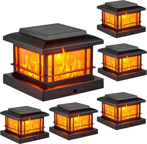 Vista 7 de JOFIOS Luces solares de llama parpadeante para exteriores, luces de poste negras con 3 temperaturas de color, se adapta a postes de madera/vinilo