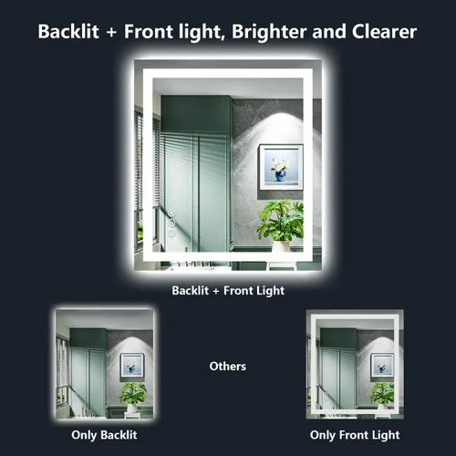 Vista 3 de Espejo de baño LED de 24x30 pulgadas con luces, espejo de tocador frontal y retroiluminado para pared de baño con 3 colores, regulable