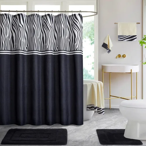 Vista 16 de WPM - Juego de alfombras de baño, toallas y cortina de ducha, juego de alfombras de baño con estampado de enrejado de color azul real