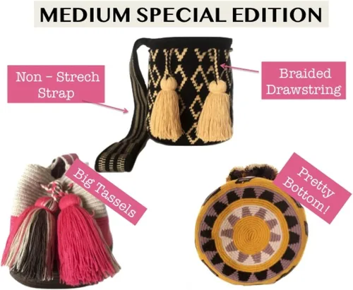 Vista 6 de Mochila Wayuu original para mujer, bolsos boho colombianos, hechos a mano con grandes borlas de aspecto agradable