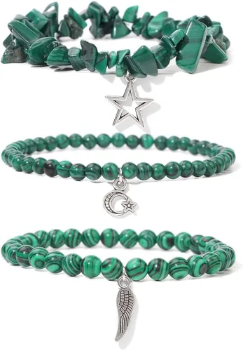 Vista 8 de Juego de 3 pulseras de cuentas de piedra natural para mujeres y hombres, estrellas y luna, alas de ángel, juego de pulseras curativas de reiki