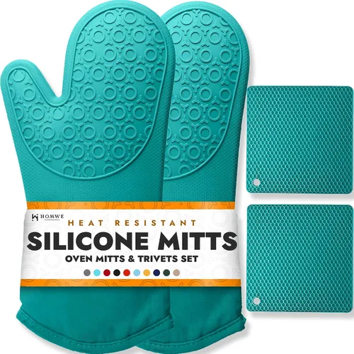 Vista 23 de HOMWE - Manopla de horno profesional y extralarga de silicona, guantes con forro acolchado, agarraderas resistentes al calor, guantes flexibles