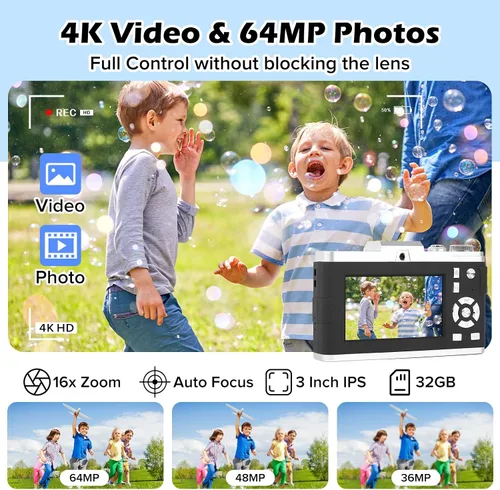 Vista 3 de Cámara digital, cámara 4K de enfoque automático para vlogging para YouTube con tarjeta SD, cámara digital compacta portátil de 64 MP para Negro