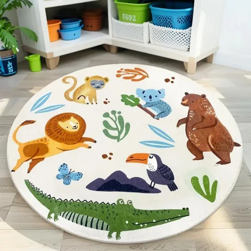 Vista 4 de Alfombra de juego para niños, alfombra circular de animales de 4 pies, alfombra redonda de zoológico para dormitorio, para niños y niñas, decoración