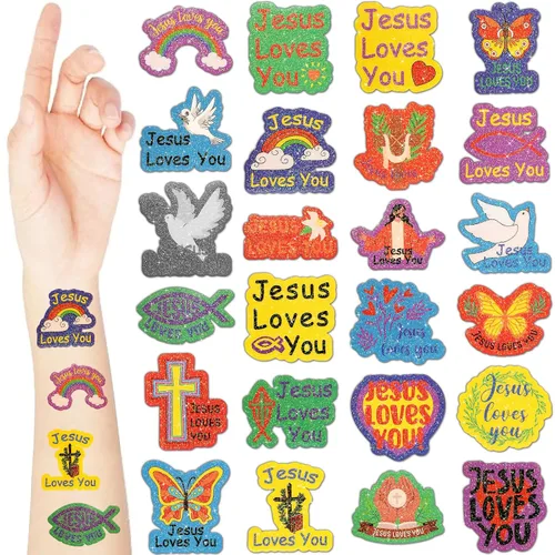 Vista 9 de Landhoow 240 tatuajes religiosos cristianos temporales para niños, tatuajes faciales con brillantina, calcomanías para el cuerpo, accesorio