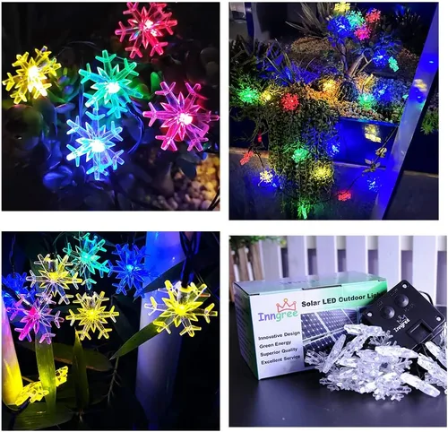 Vista 4 de Luces solares de Navidad para exteriores, impermeables, decoraciones de 20 pies, 30 luces LED de copo de nieve con 8 modos de iluminación