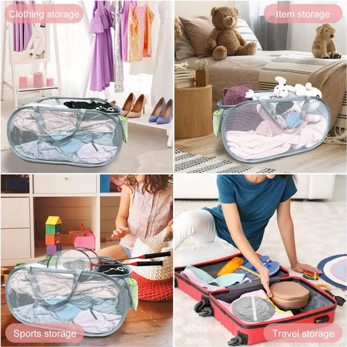 Vista 5 de 2 cestas de malla para la ropa sucia, canastas plegables para la ropa sucia, 75 L, cesta de almacenamiento horizontal con bolsillo lateral y asa