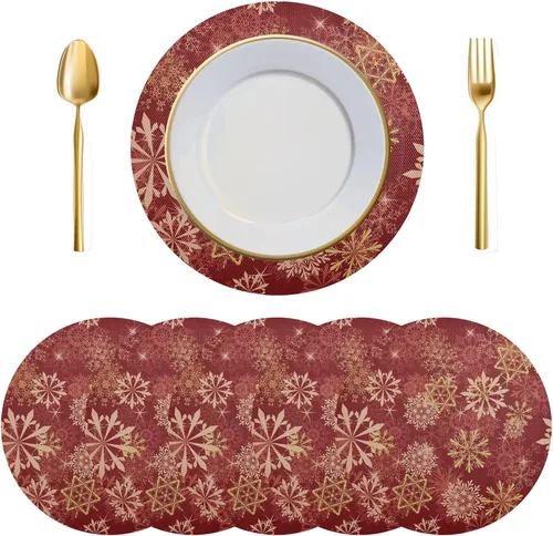 Vista 10 de Juego de 6 manteles individuales redondos, copos de nieve sobre rojo oscuro, resistentes al calor, para mesa de comedor, decoración de Navidad