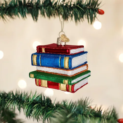 Vista 2 de Old World Christmas - Adornos de vidrio soplado en forma de pila de libros para el árbol de Navidad