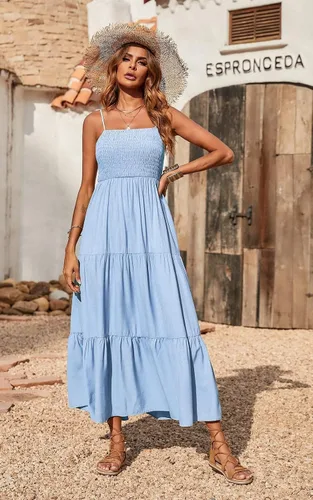 Vista 3 de Vestido largo de verano para mujer de PRETTYGARDEN, casual, bohemio, sin mangas, con tirantes delgados, fruncido, para playa, para el sol.