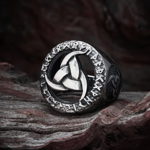 Vista 2 de BAVIPOWER Viking Odin Triple Cuerno Runa Círculo Norse Sabiduría Anillo de Acero Inoxidable Asatru Pagan Joyería Escandinava para hombres y mujeres