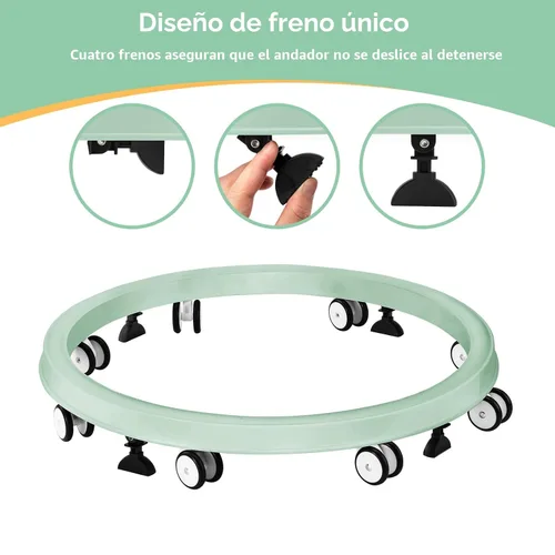 Vista 6 de Andador para bebés con ruedas, plegado de un solo toque, ajuste de altura Verde