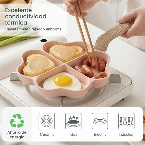 Vista 4 de MOKIKA Sartén antiadherente para tortilla de huevos con secciones de corazón, 4 tazas en forma de corazón, sartén dividida adecuada para estufa