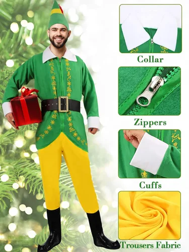 Vista 2 de Disfraz de elfo para hombre disfraz de amigo para Halloween Navidad cosplay conjunto completo de disfraces de fantasía trajes de fiesta verdes