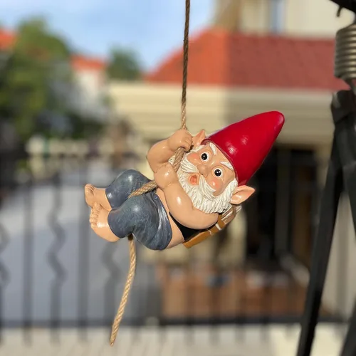 Vista 4 de Divertidas decoraciones de gnomos de jardín, cuerda de escalada de arquero y arquero, gnomo colgante, abrazador de árboles, adornos de decoración