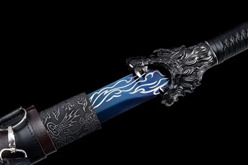 Vista 6 de Espada de lobo hecha a mano Cool Blue Carbon Steel Chinese Tang Dao con cinturón