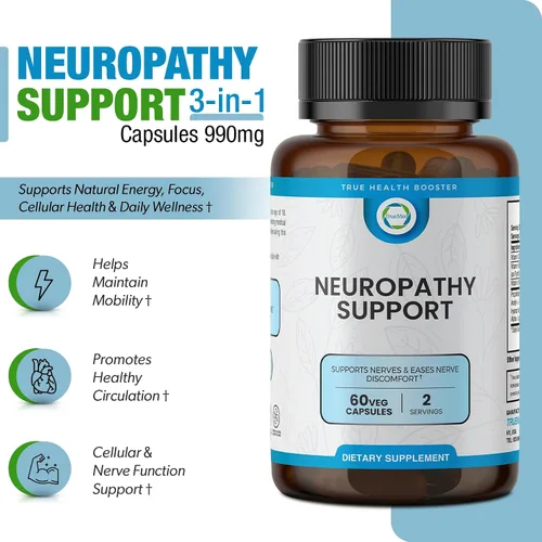 Vista 2 de Suplemento para la salud neuropatía neuropatía y nerviosa con vitamina D3, B6, B12, acetil-L-carnitina, ácido alfa lipoico y benfotiamina apoya