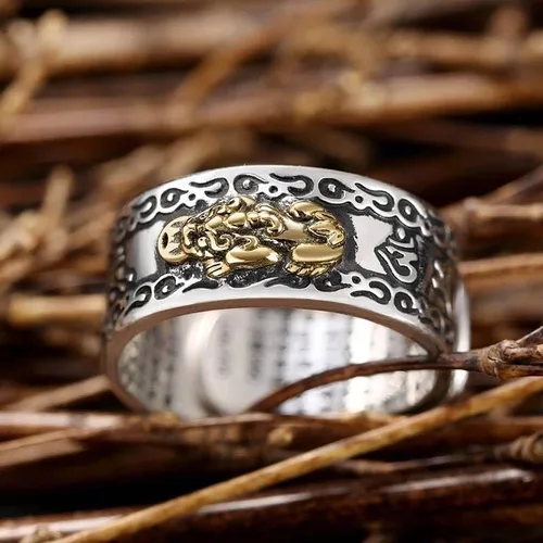 Vista 3 de Anillo Feng Shui PiXiu Mantra Anillos Budista Ammuleto Protección Riqueza Amor Salud Anillo Amuleto Buena Suerte Mantra Anillo Doble Dedo Protección