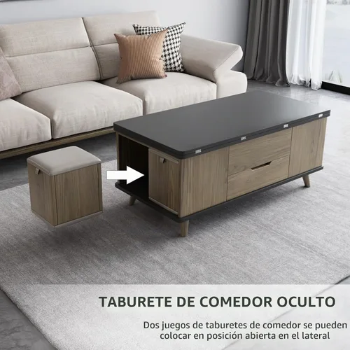 Vista 8 de Mesa de centro elevable con 4 taburetes de poliuretano, mesa de centro clásica de color negro con contraste marrón que se convierte en mesa