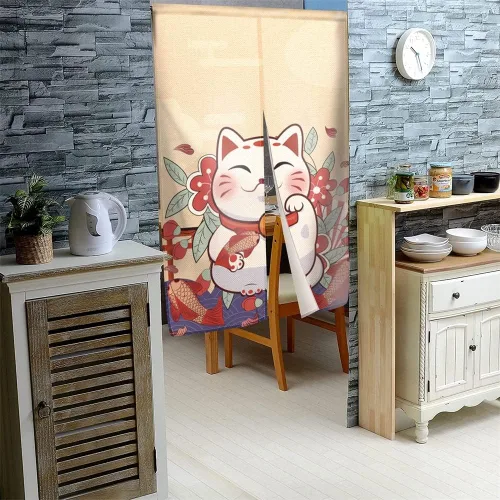 Vista 3 de Lucky Cat Noren - Cortina japonesa Sakura Noren, estilo cortina japonesa para puerta, tapiz de entrada, cortina de puerta de Feng Shui, 33.5 x 59