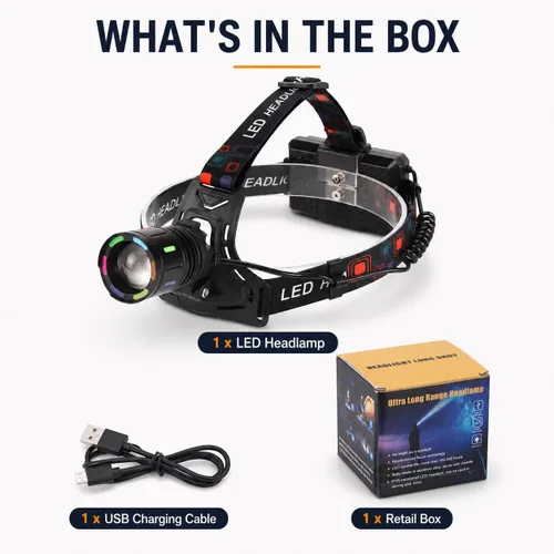 Vista 14 de Linterna frontal LED recargable, 150,000 lúmenes, superbrillante, 60H, con sensor de movimiento, 4 modos, ajustable a 90°, impermeable nivel IPX6