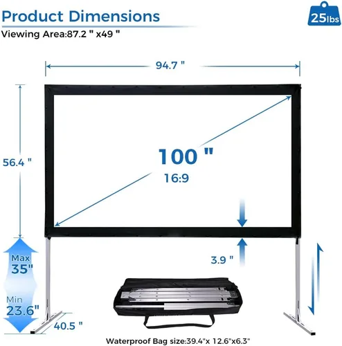 Vista 2 de SCREENPRO - Pantalla de proyector de 100 pulgadas con soporte, pantalla de película rápida para exteriores para patio con patas ajustables
