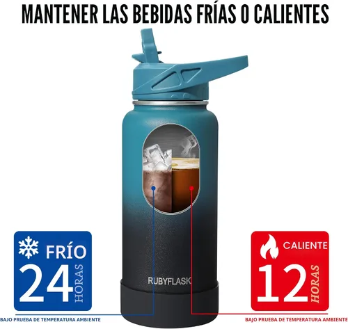 Vista 4 de RUBYFLASK - Botella de agua aislada con pajilla, jarra de agua al vacío de acero inoxidable, 24 onzas, botella con 3 tapas a prueba de fugas