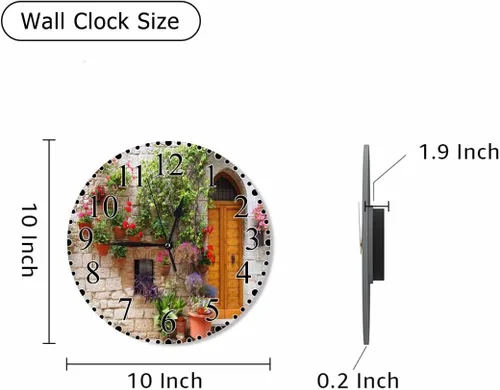 Vista 2 de Italian Hill Town of Assisi - Reloj de pared de 10 pulgadas, funciona con pilas, flores coloridas fuera de un hogar, reloj moderno silencioso sin