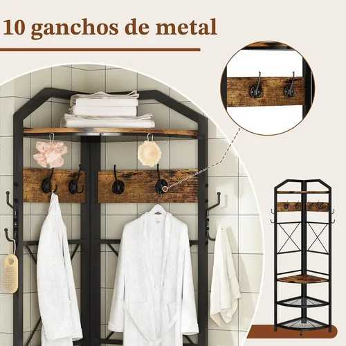 Vista 5 de Perchero esquinero con almacenamiento, árbol de entrada con banco y 10 ganchos de metal, perchero independiente para ropa y zapatos, organizador