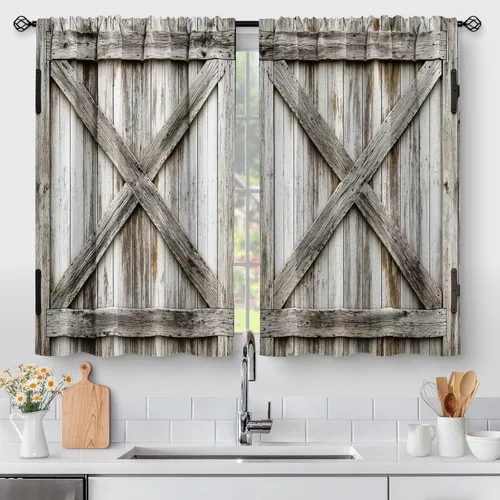Vista 9 de Aimego - Cortinas de cocina con plantas rústicas y flores de primavera, botánicas, con hojas verdes, cortas, para cafetería, baño, con bolsillo