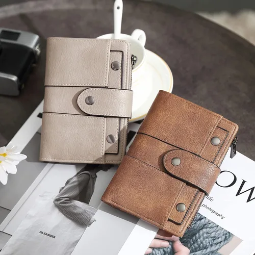 Vista 8 de Cartera pequeña para mujer, de cuero, plegable, multitarjeta, organizador de diseñador, moneda con cremallera y ventana de identificación extraíble