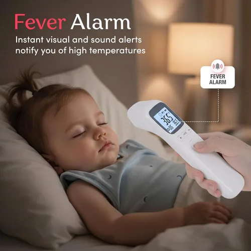 Vista 4 de Smart Med Alert - Termómetro de frente infrarrojo, lectura en 1 segundo, alarma de fiebre, medición sin contacto, memoria de 32 ajustes, 3