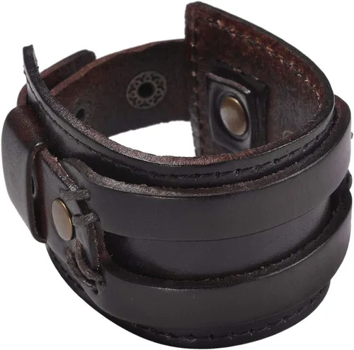 Vista 2 de zysta Punk Gótico Mens Pulsera Piel auténtica Cuff Bangle pulsera 7.5"-8.5" Negro café Marrón
