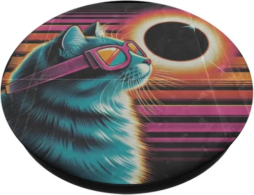 Vista 2 de Cat Solar Eclipse - Synthwave Retro Poster Style PopSockets Standard PopGrip