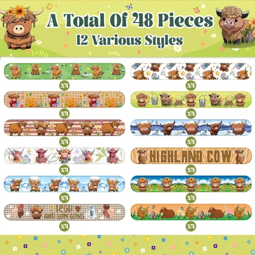 Vista 3 de 48 pulseras de vaca de las tierras altas, recuerdos de fiesta de animales de dibujos animados para niños y niñas, suministros de fiesta de baby