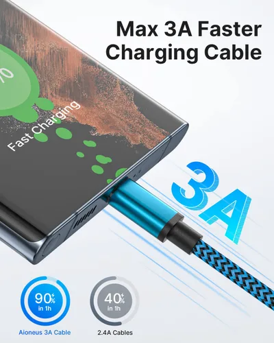 Vista 3 de Aioneus Cable USB A a USB C, paquete de 3 unidades de 3 pies, cable de carga USB C trenzado duradero de carga rápida, cable de carga tipo C