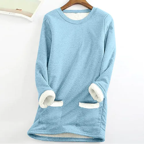 Vista 2 de Camisas cálidas con forro polar de invierno para mujer, estilo casual, color liso, raglán, manga larga, cuello redondo, camiseta térmica casual