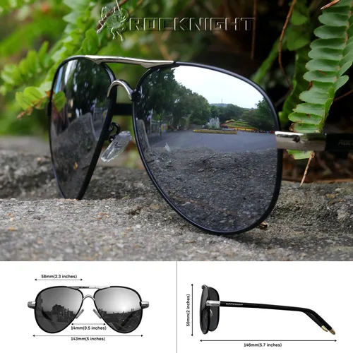 Vista 4 de ROCKNIGHT Lentes de sol polarizados estilo aviador para hombres y mujeres, lentes de sol con parte superior plana de metal, ligeras