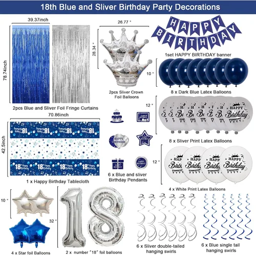 Vista 2 de Decoraciones de cumpleaños número 18 para niños y niñas, decoraciones de feliz cumpleaños número 18, color azul y plateado, incluye pancarta