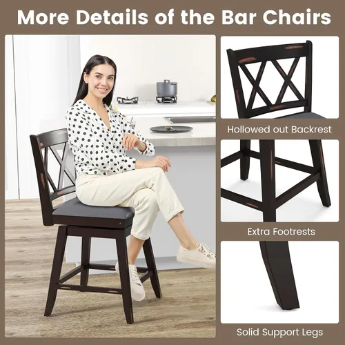 Vista 4 de COSTWAY Juego de 2 Taburetes de Bar para Isla de Cocina, Silla de Altura de Mostrador de 25 Pulgadas con Respaldo Ergonómico, Reposapiés, Superficie