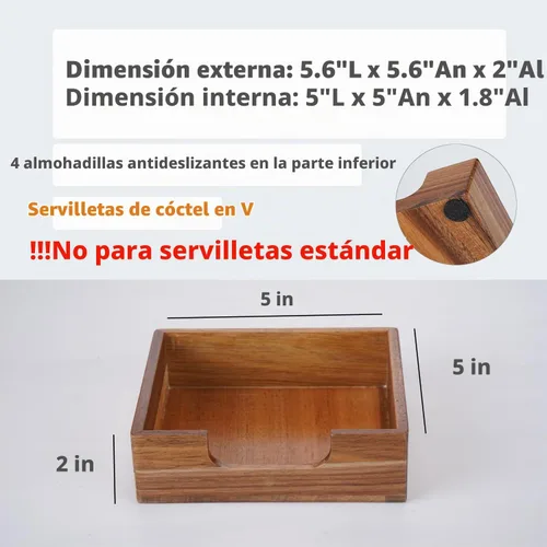 Vista 5 de Servilletero de cóctel de acacia para mesa, servilletero de madera, bandeja cuadrada plana para servilletas de bebidas, portaservilletas de cóctel
