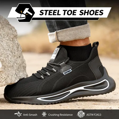 Vista 2 de GLANOUDUN Zapatos de punta de acero para hombre, zapatos de trabajo ligeros para hombres, zapatos de trabajo negros con punta de acero, zapatos