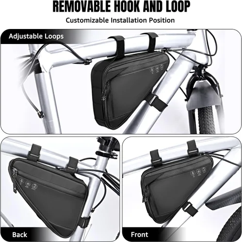 Vista 6 de Bolsa de almacenamiento para cuadro de bicicleta WOTOW, bolsa triangular reflectante resistente al agua con dos bolsillos laterales, bolsa