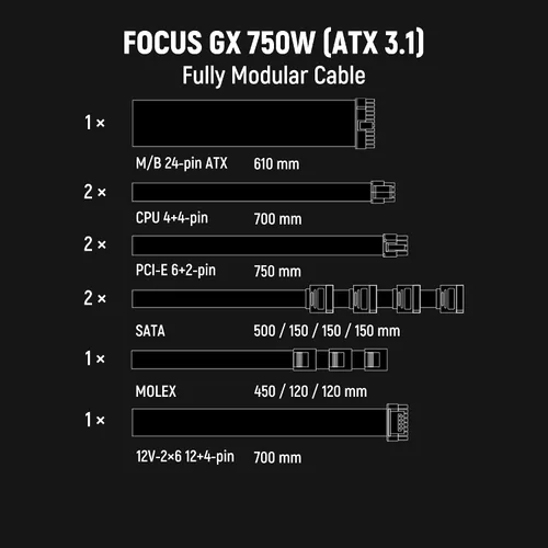 Vista 3 de Seasonic Focus GX-750-750W - 80+ Gold - Listo para ATX 3.0 y PCIe 5.0 - Totalmente modular - Condensadores japoneses premium - 10 años de garantía