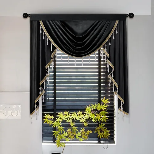 Vista 2 de Cenefas de cortina de terciopelo negro de lujo para sala de estar con cuentas (39 pulgadas, 1 panel)