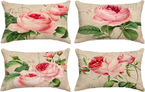 Vista 16 de Juego de 4 fundas de almohada decorativas de color rosa de 16 x 16 pulgadas, fundas de almohada cuadradas con flores de primavera y verano