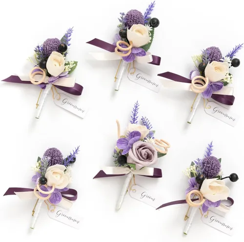 Vista 41 de Ling's Moment Boutonniere para Hombres Boda, Juego de 6, Novio y Padrinos Boutonniere para Boda Regreso a Casa Halloween Ceremonia Aniversario, Cena