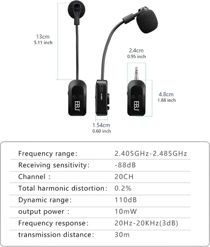 Vista 8 de EBJ Micrófono de auriculares inalámbricos 2.4G y micrófono de mano 2 en 1, transmisión estable de 98.4 ft, carga USB dual tipo C, compatible